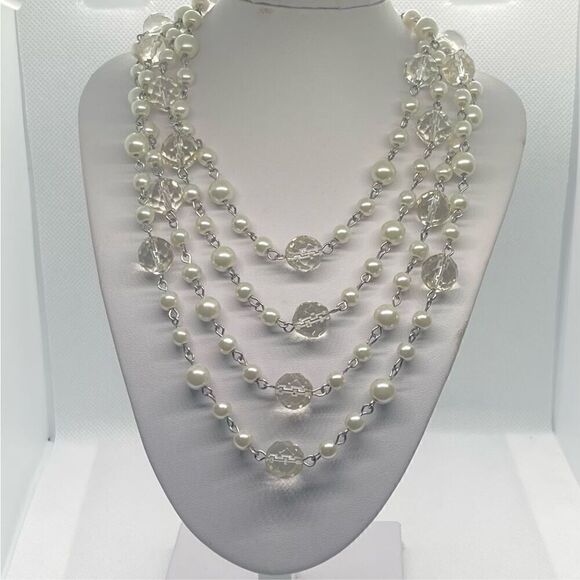 Vintage Crystal & Faux Pearl Long Single Strand Necklace Signed By Jewel Kade - Picture 1 of 6